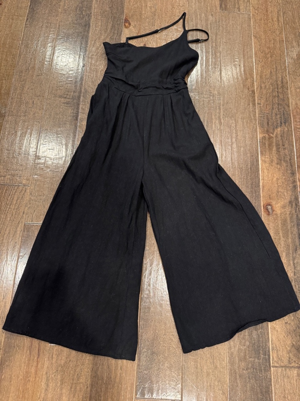 Anrabess EUC Black Smocked Wide-Leg Jumpsuit